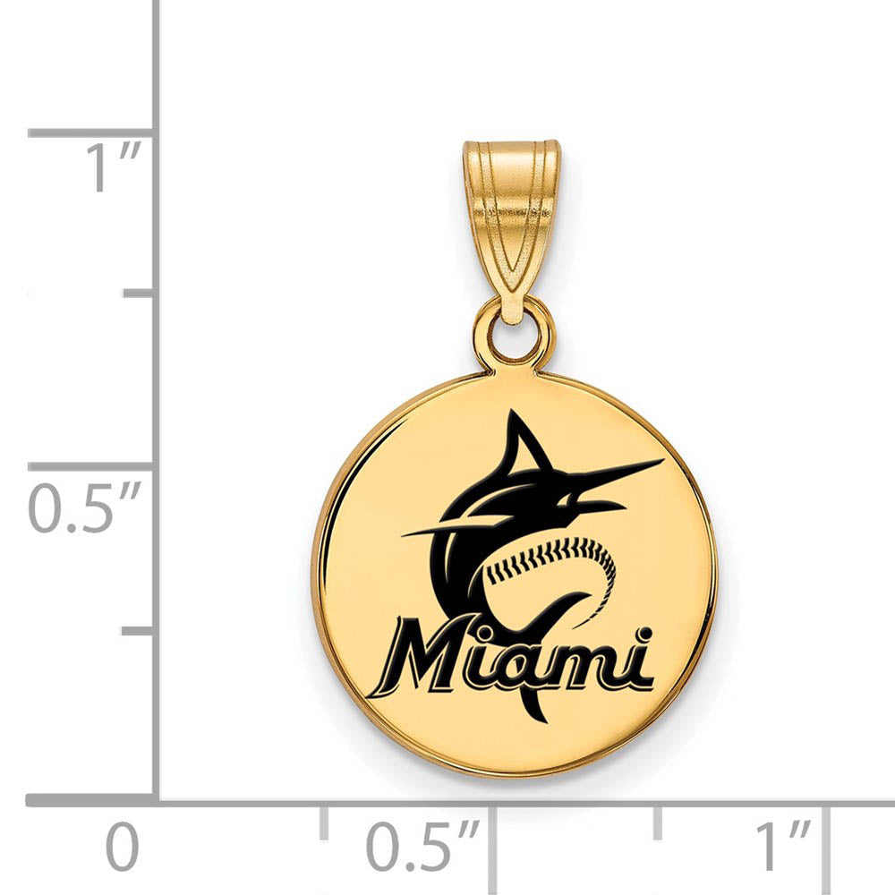 Alternate view of the 14K Gold Plated Silver MLB Miami Marlins MD Enamel Script Disc Pendant by The Black Bow Jewelry Co.