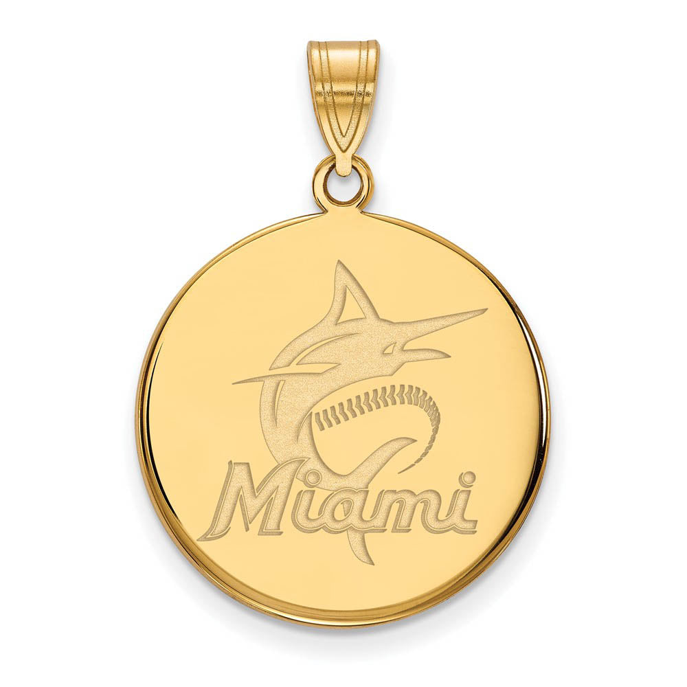 14K Gold Plated Silver MLB Miami Marlins Large Script Disc Pendant, Item P32278 by The Black Bow Jewelry Co.