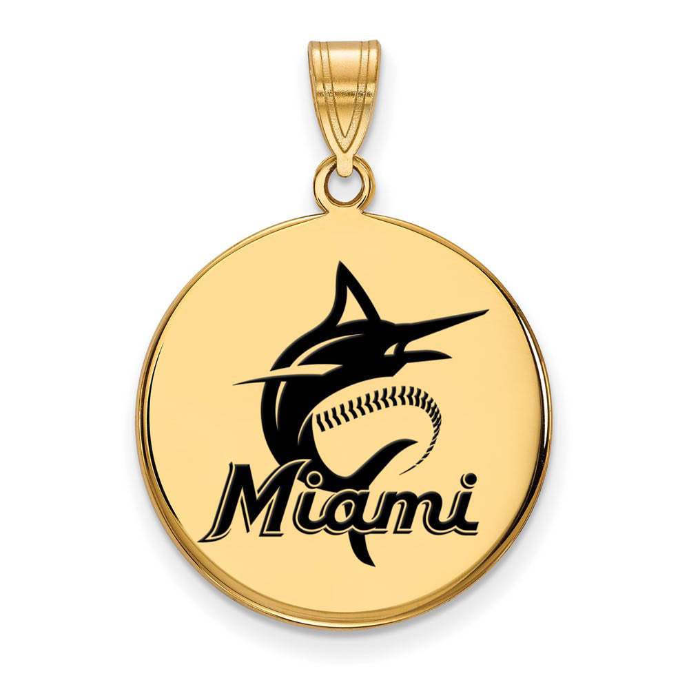 14K Gold Plated Silver MLB Miami Marlins LG Enamel Script Disc Pendant, Item P32279 by The Black Bow Jewelry Co.
