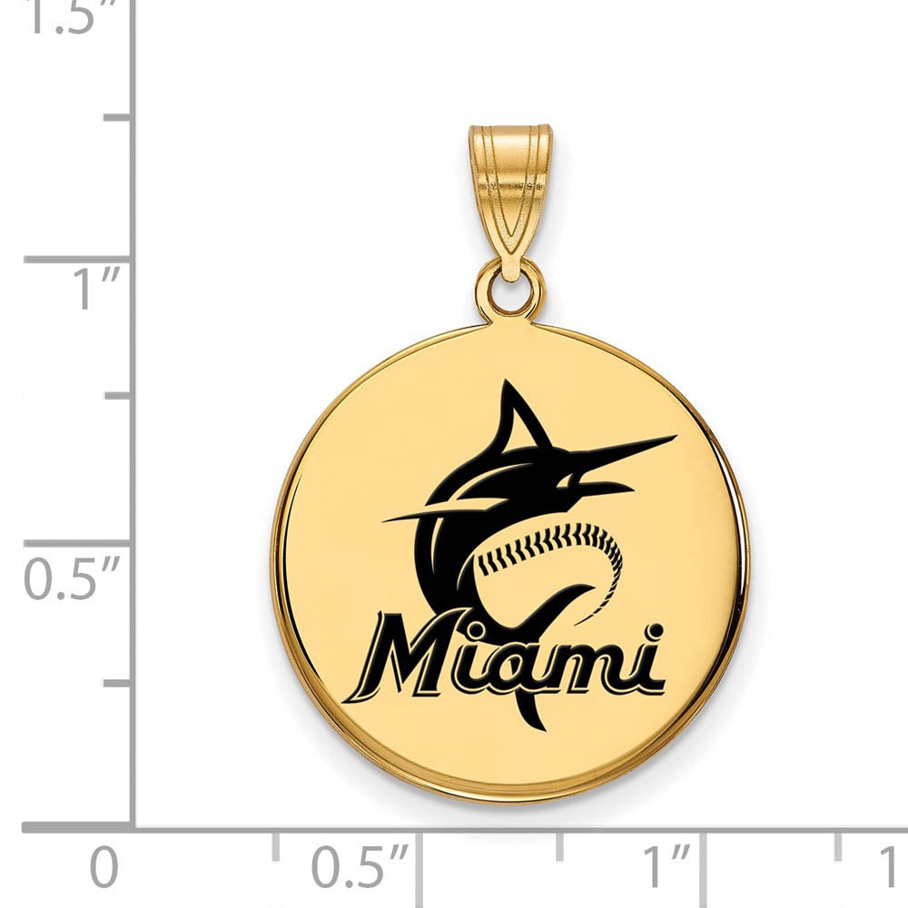 Alternate view of the 14K Gold Plated Silver MLB Miami Marlins LG Enamel Script Disc Pendant by The Black Bow Jewelry Co.