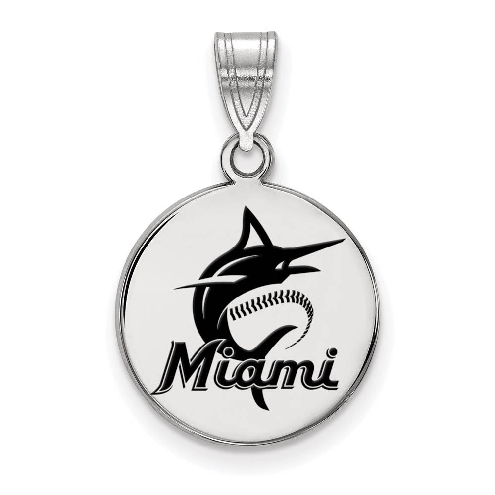 Sterling Silver MLB Miami Marlins MD Enamel Script Disc Pendant, Item P32293 by The Black Bow Jewelry Co.