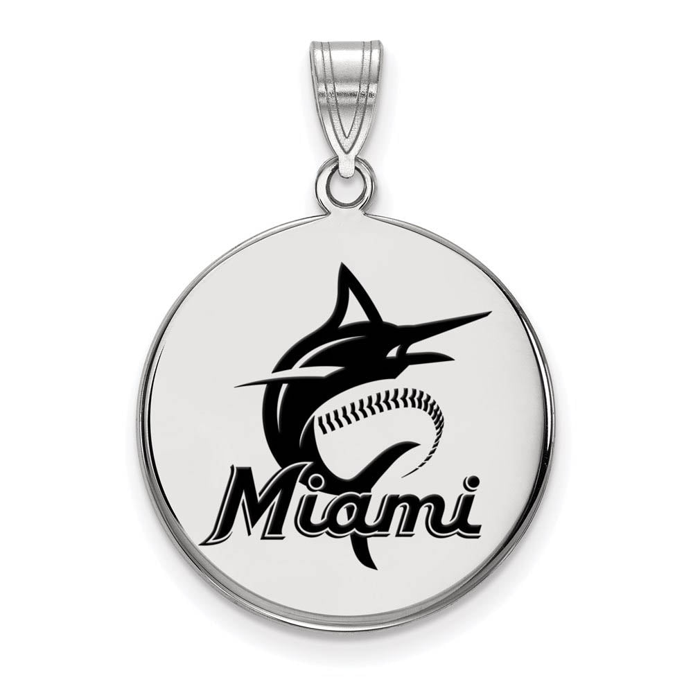 Sterling Silver MLB Miami Marlins LG Enamel Script Disc Pendant, Item P32295 by The Black Bow Jewelry Co.