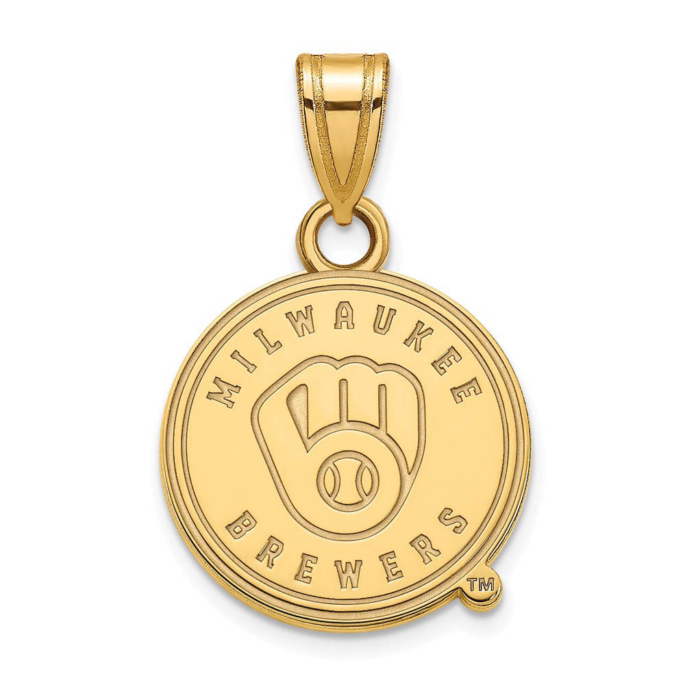 14K Yellow Gold MLB Milwaukee Brewers Small Disc Pendant, Item P32327 by The Black Bow Jewelry Co.