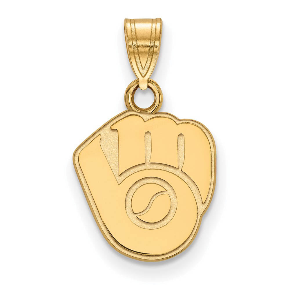 14K Yellow Gold MLB Milwaukee Brewers Small MB Glove Pendant, Item P32331 by The Black Bow Jewelry Co.