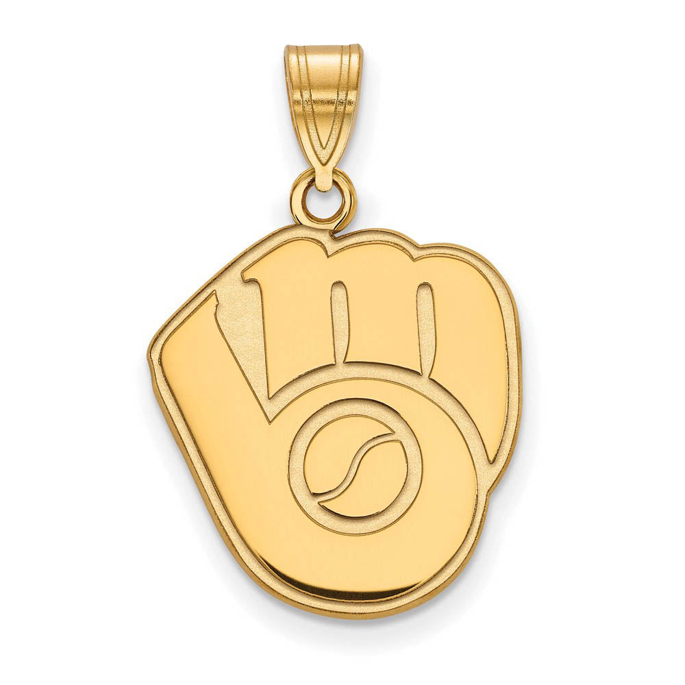 14K Yellow Gold MLB Milwaukee Brewers Large MB Glove Pendant, Item P32333 by The Black Bow Jewelry Co.