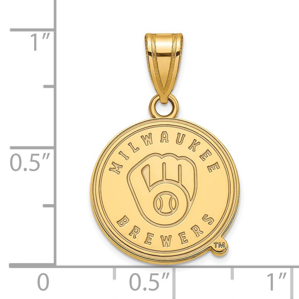 Alternate view of the 14K Gold Plated Silver MLB Milwaukee Brewers Medium Disc Pendant by The Black Bow Jewelry Co.