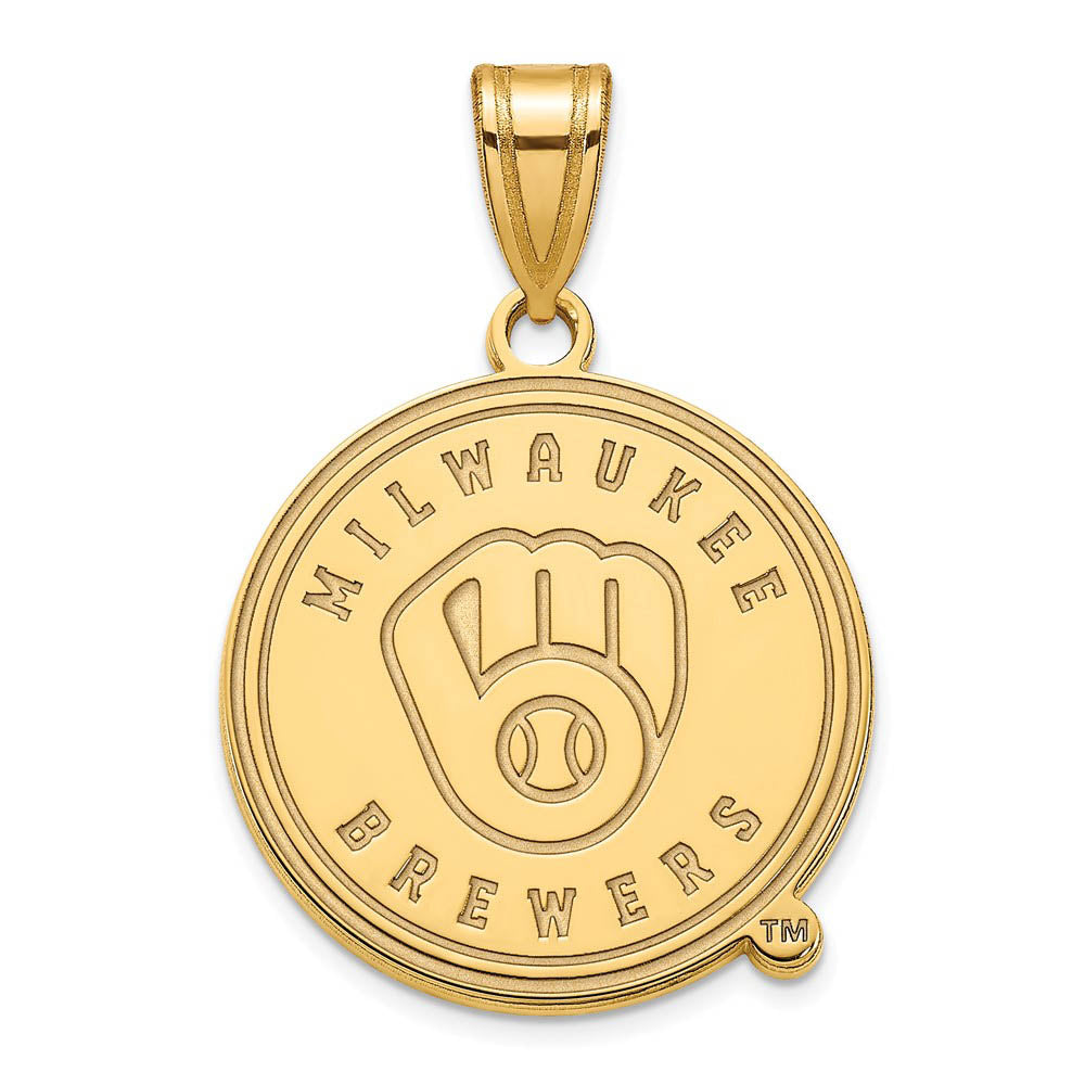 14K Gold Plated Silver MLB Milwaukee Brewers Large Disc Pendant, Item P32339 by The Black Bow Jewelry Co.
