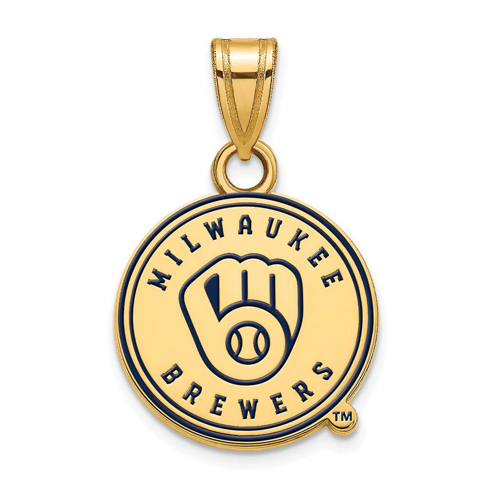 14K Gold Plated Silver MLB Milwaukee Brewers SM Enamel Disc Pendant, Item P32340 by The Black Bow Jewelry Co.