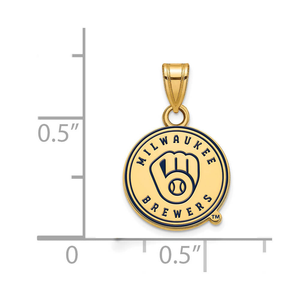 Alternate view of the 14K Gold Plated Silver MLB Milwaukee Brewers SM Enamel Disc Pendant by The Black Bow Jewelry Co.
