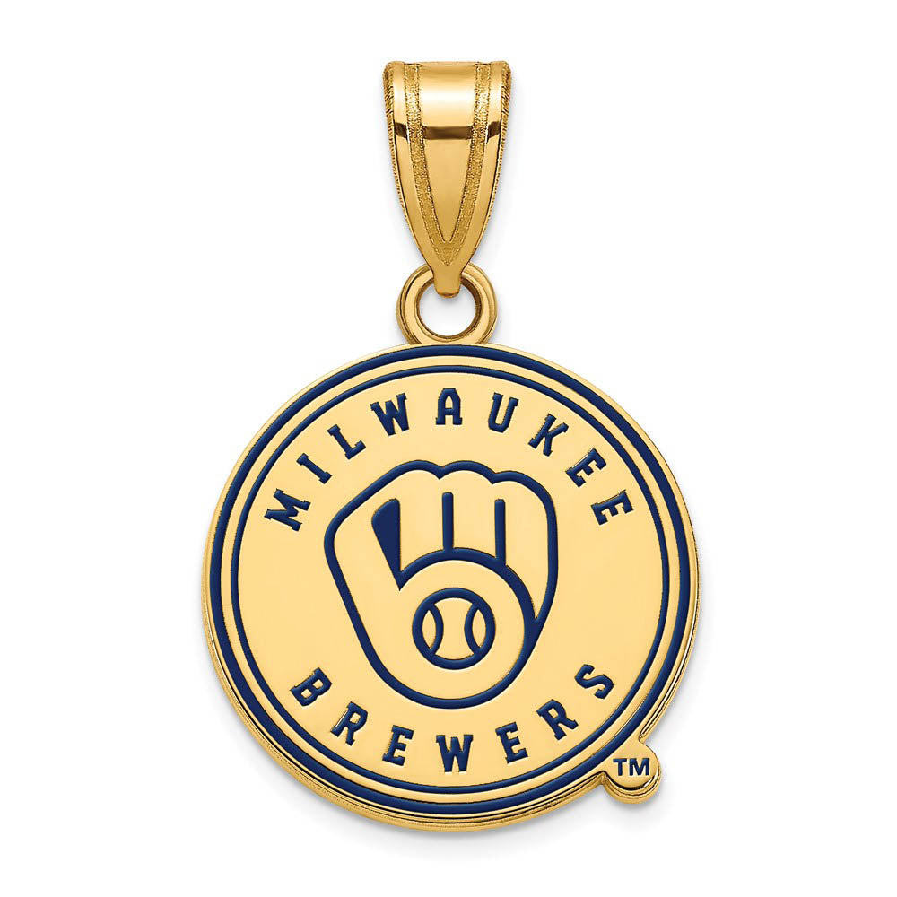 14K Gold Plated Silver MLB Milwaukee Brewers MD Enamel Disc Pendant, Item P32341 by The Black Bow Jewelry Co.