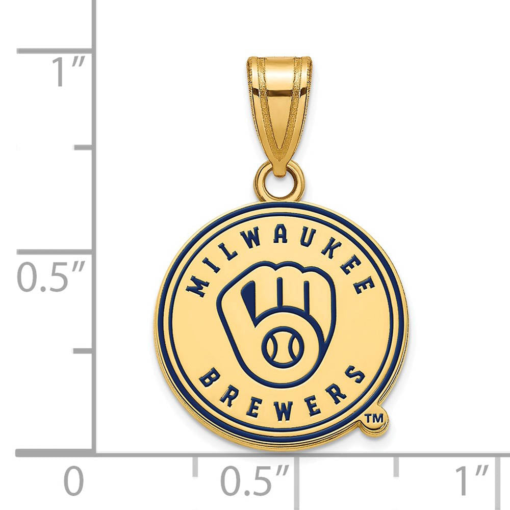 Alternate view of the 14K Gold Plated Silver MLB Milwaukee Brewers MD Enamel Disc Pendant by The Black Bow Jewelry Co.