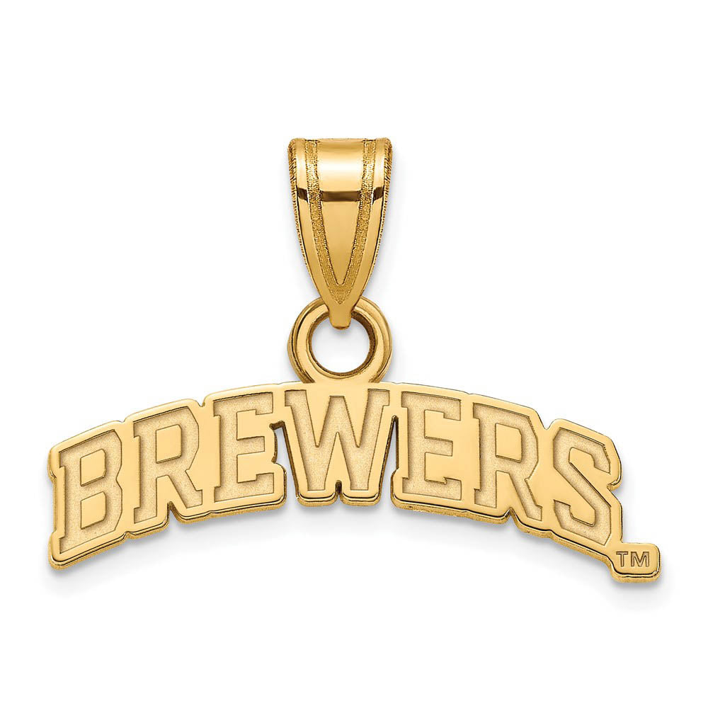 14K Gold Plated Silver MLB Milwaukee Brewers Small Script Pendant, Item P32346 by The Black Bow Jewelry Co.