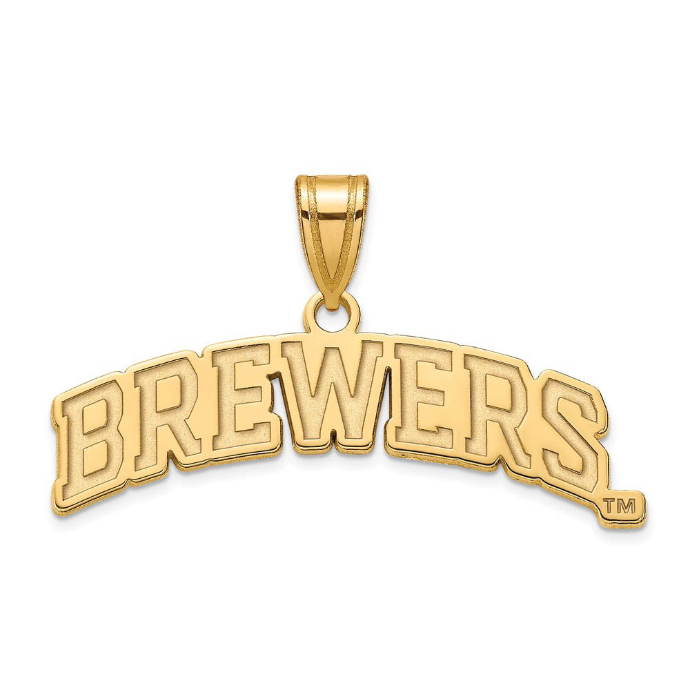14K Gold Plated Silver MLB Milwaukee Brewers Large Script Pendant, Item P32347 by The Black Bow Jewelry Co.