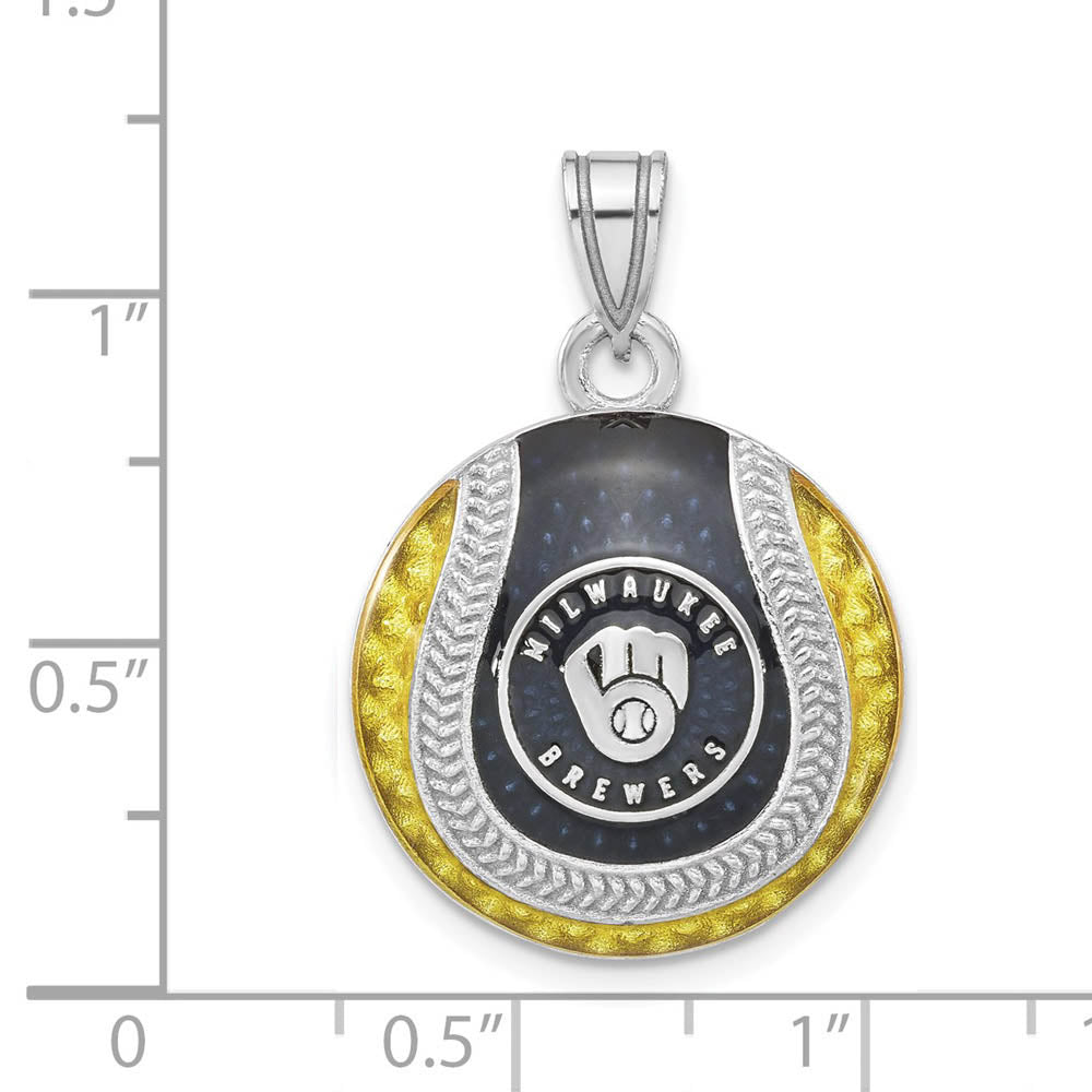 Alternate view of the Sterling Silver MLB Milwaukee Brewers LG Enamel Baseball Pendant by The Black Bow Jewelry Co.