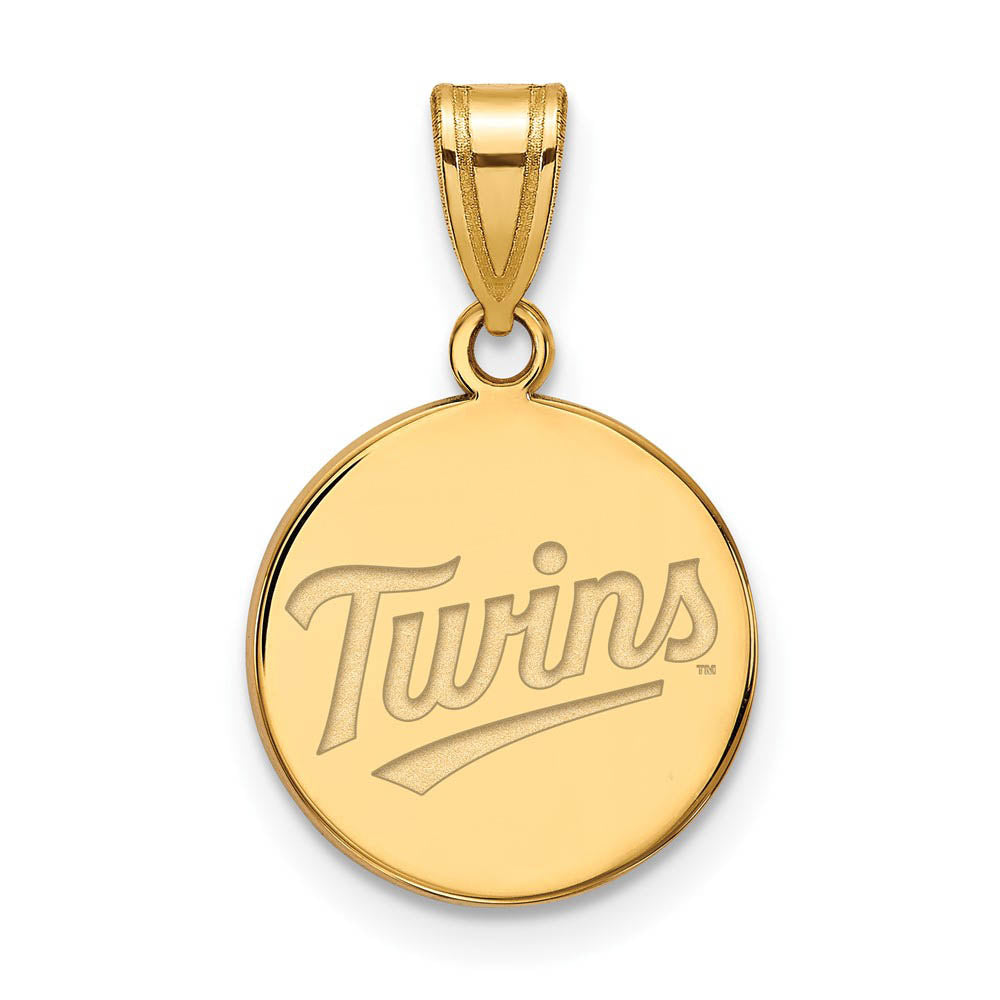 14K Yellow Gold MLB Minnesota Twins MD Script Disc Pendant, Item P32400 by The Black Bow Jewelry Co.