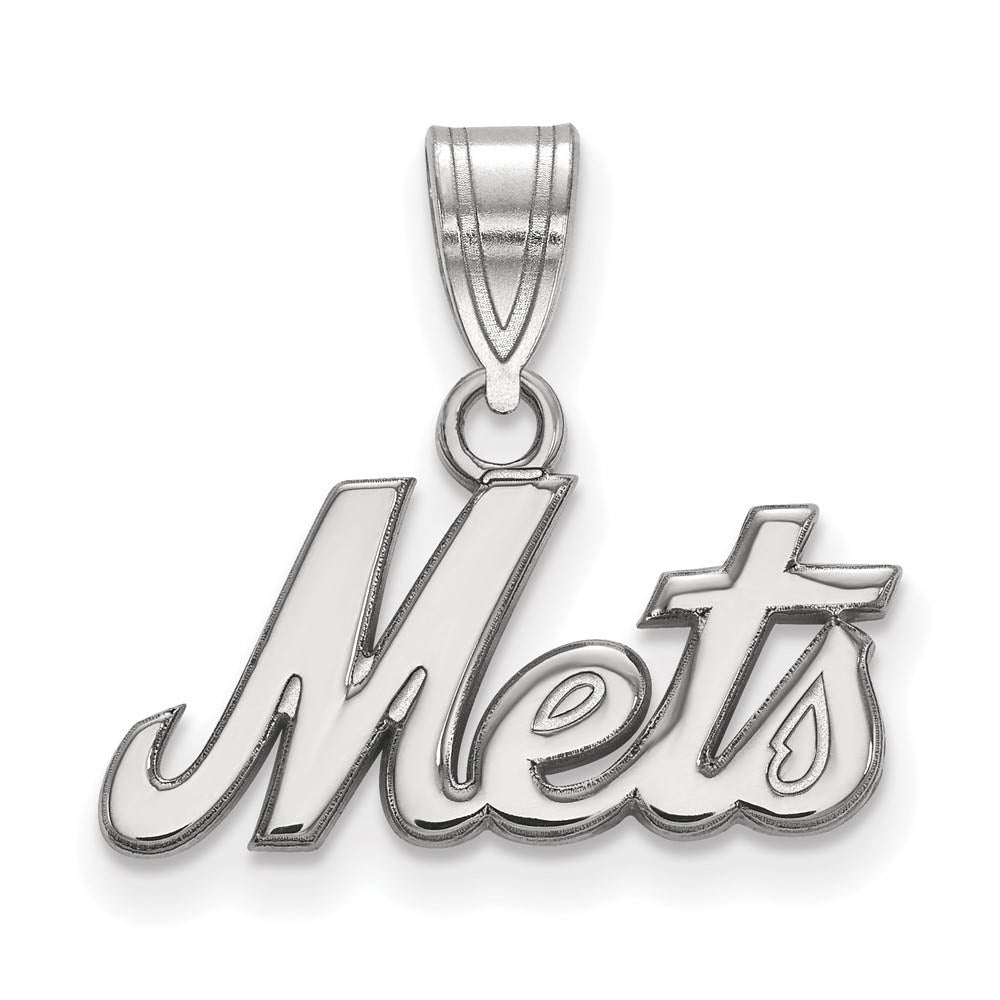 10K White Gold MLB New York Mets Medium Script Pendant, Item P32441 by The Black Bow Jewelry Co.