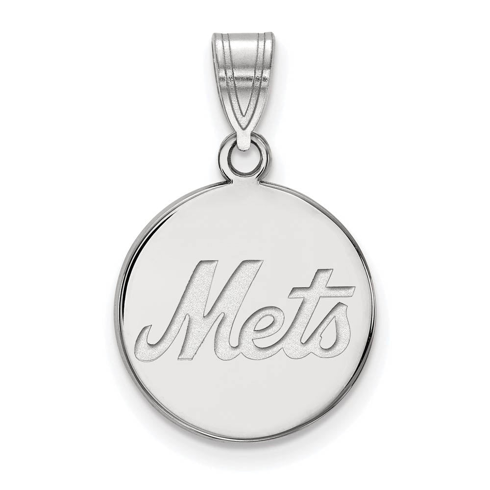 10K White Gold MLB New York Mets Medium Script Disc Pendant, Item P32444 by The Black Bow Jewelry Co.
