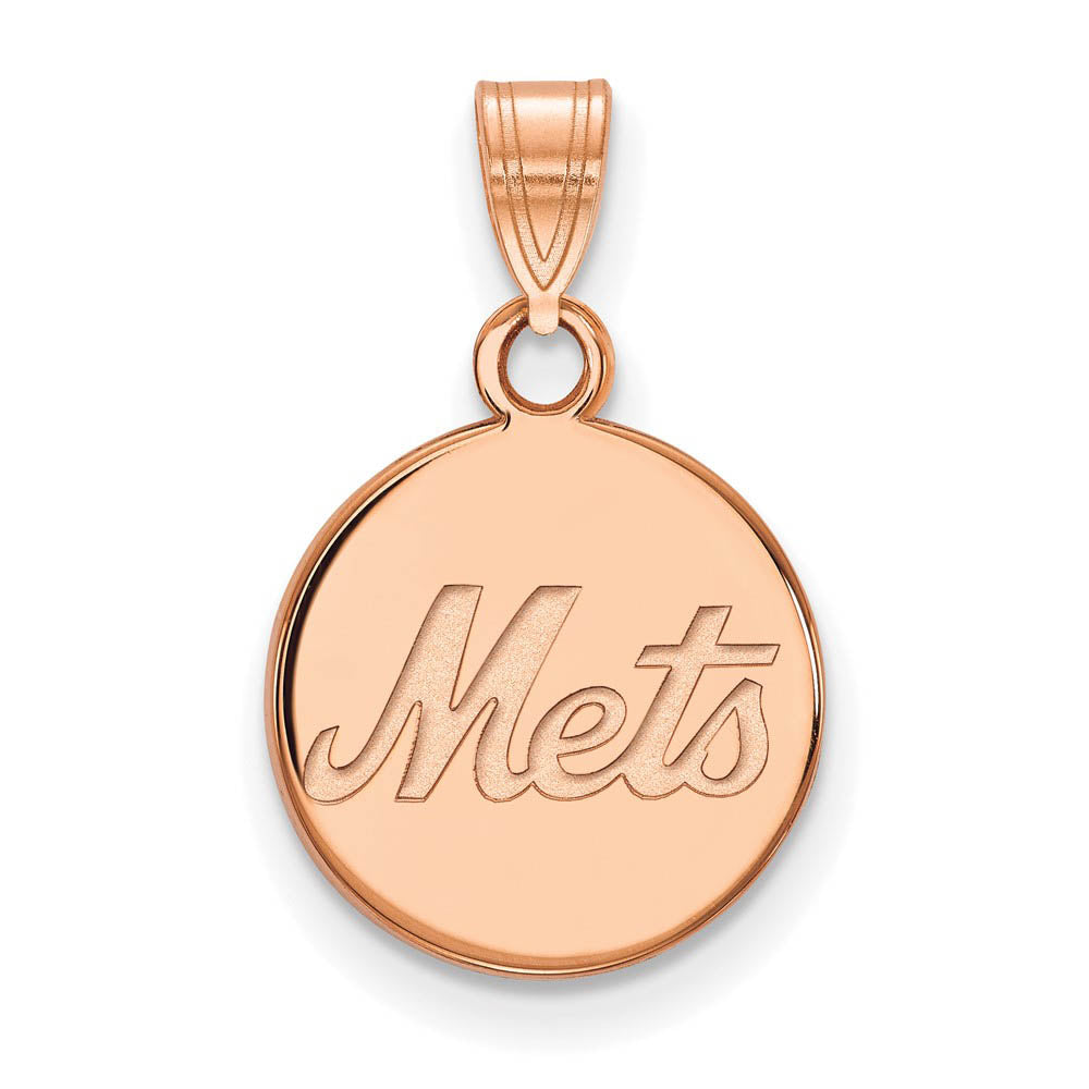 14K Rose Gold MLB New York Mets Script Small Disc Pendant, Item P32461 by The Black Bow Jewelry Co.