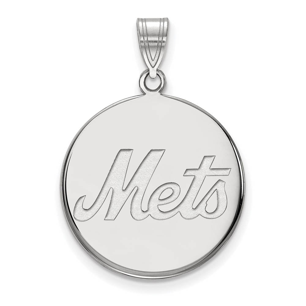 14K White Gold MLB New York Mets Large Script Disc Pendant, Item P32472 by The Black Bow Jewelry Co.