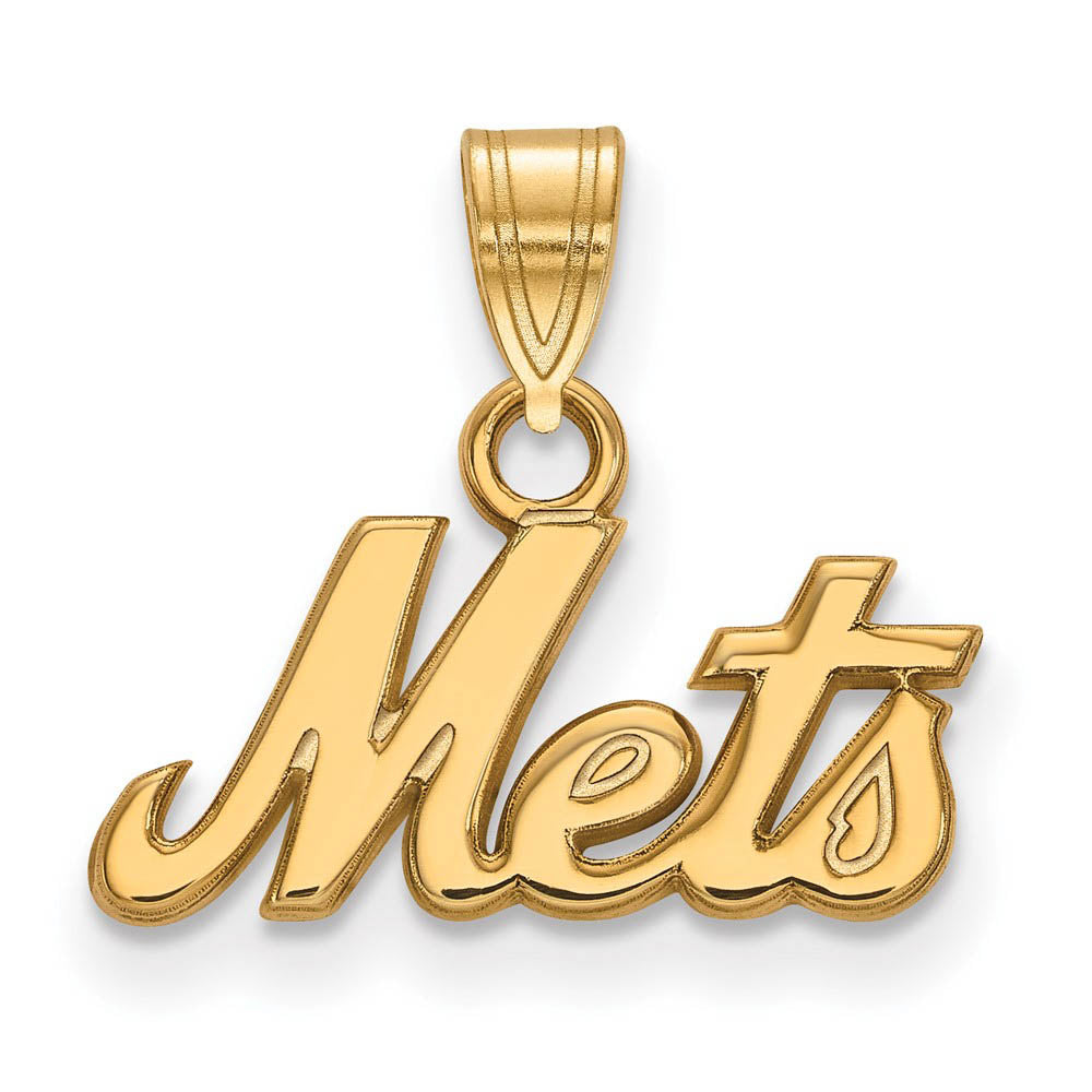 14K Yellow Gold MLB New York Mets Small Script Pendant, Item P32480 by The Black Bow Jewelry Co.