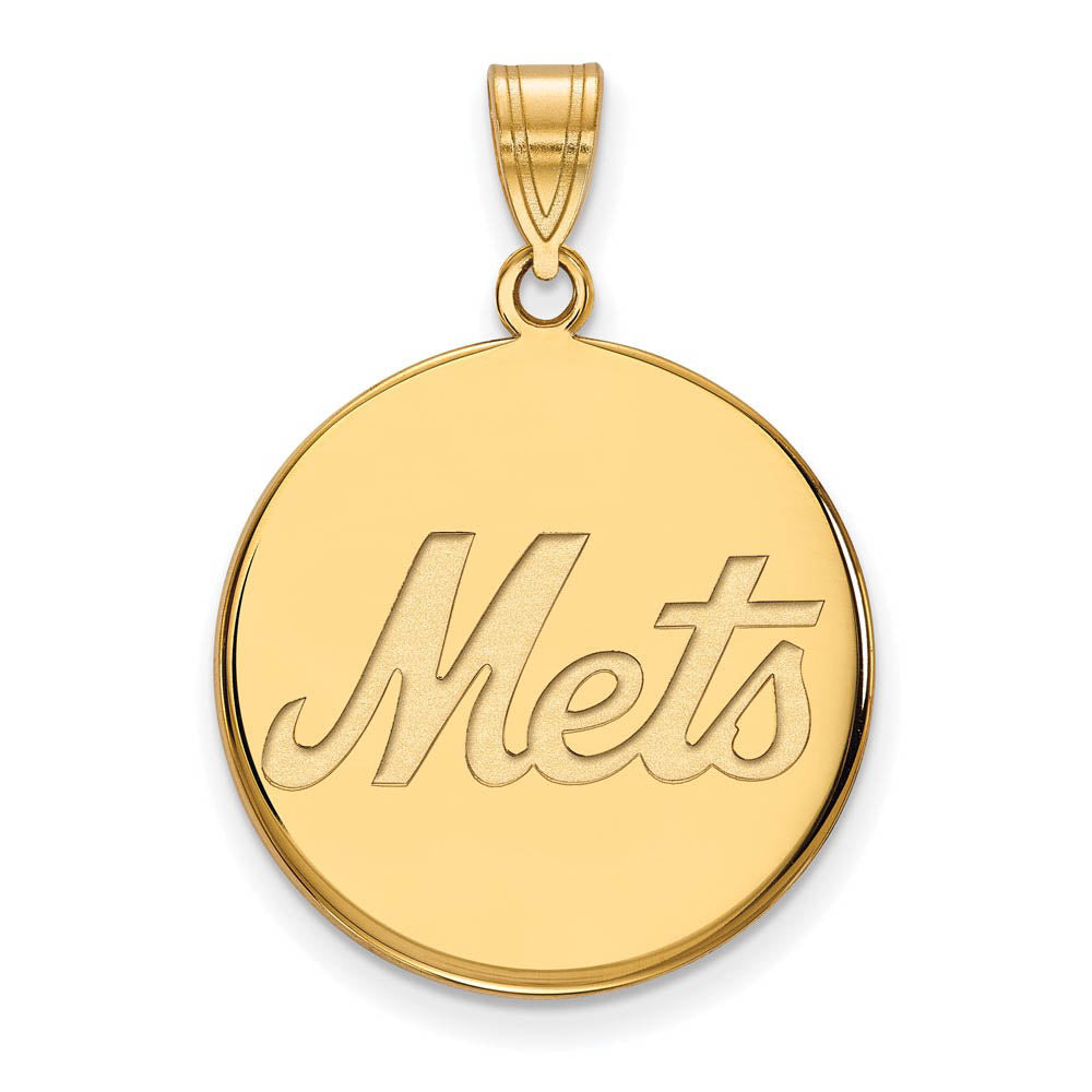 14K Yellow Gold MLB New York Mets Large Script Disc Pendant, Item P32485 by The Black Bow Jewelry Co.