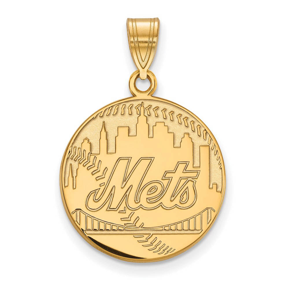 14K Yellow Gold MLB New York Mets Large Script Baseball Pendant, Item P32487 by The Black Bow Jewelry Co.