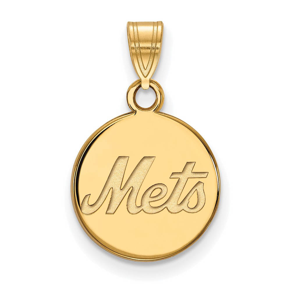 14K Gold Plated Silver MLB New York Mets Small Script Disc Pendant, Item P32497 by The Black Bow Jewelry Co.