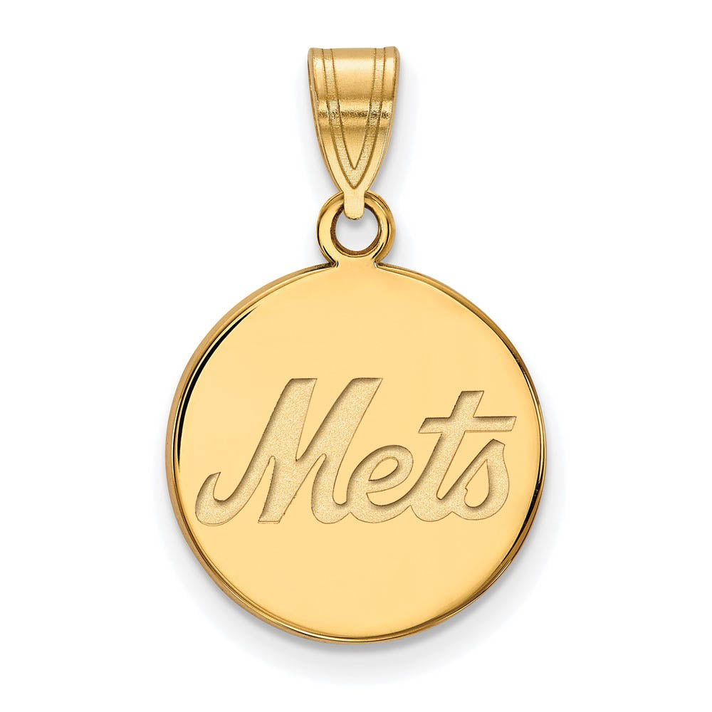 14K Gold Plated Silver MLB New York Mets Medium Script Disc Pendant, Item P32498 by The Black Bow Jewelry Co.