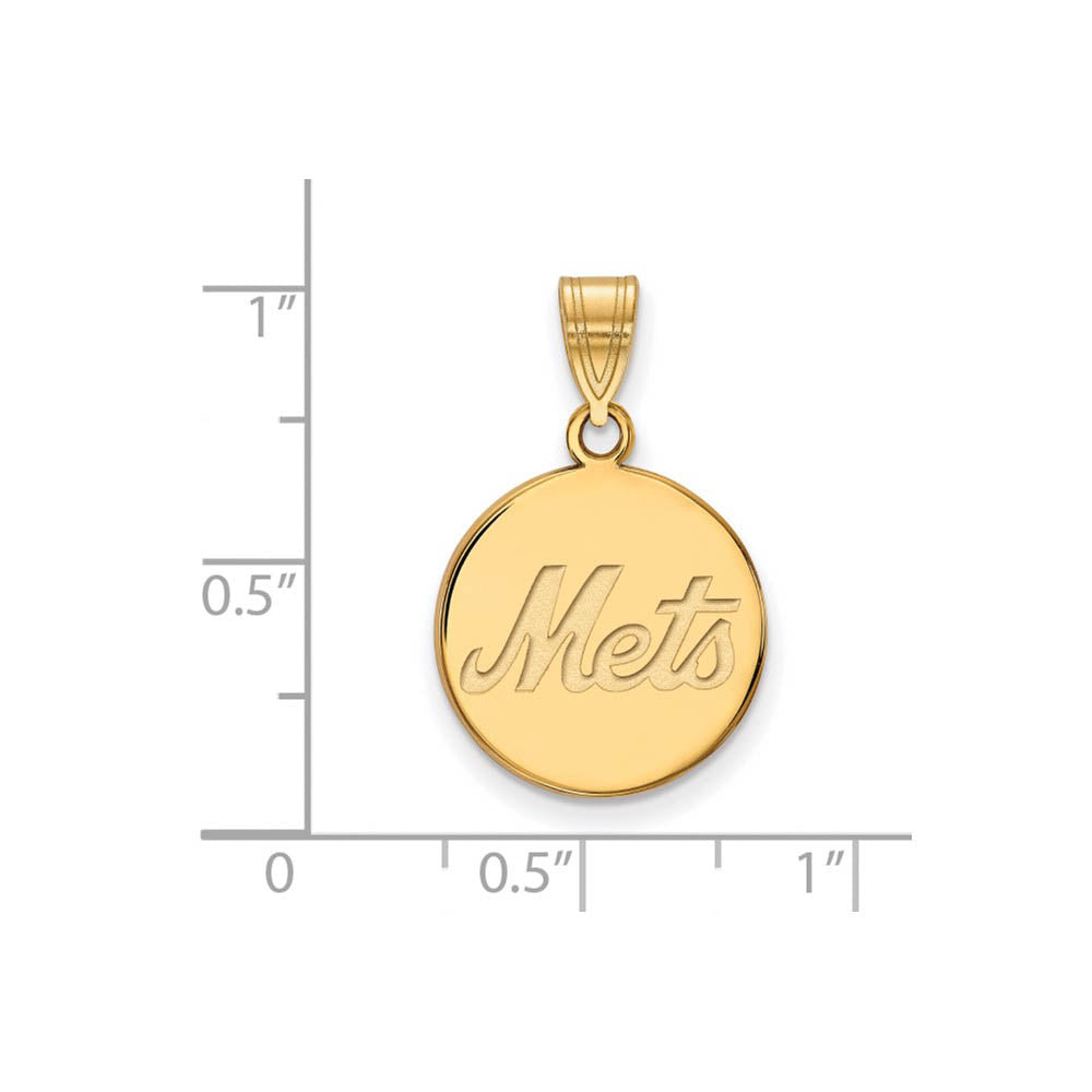 Alternate view of the 14K Gold Plated Silver MLB New York Mets Medium Script Disc Pendant by The Black Bow Jewelry Co.
