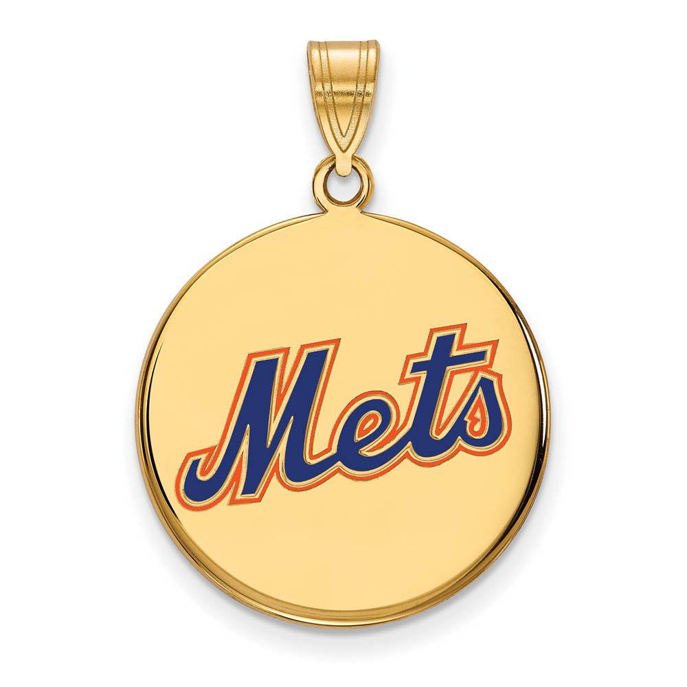 14K Gold Plated Silver MLB New York Mets LG Script Enamel Pendant, Item P32500 by The Black Bow Jewelry Co.