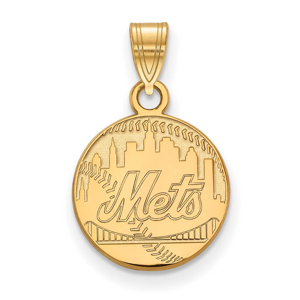 14K Gold Plated Silver MLB New York Mets Small Script Baseball Pendant, Item P32501 by The Black Bow Jewelry Co.