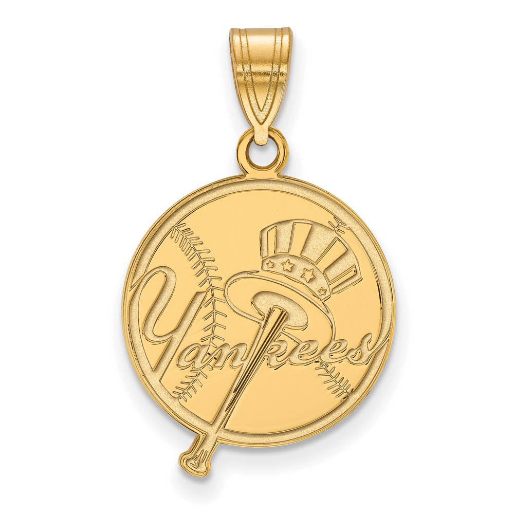 14K Yellow Gold MLB New York Yankees Medium Top Hat Script Pendant, Item P32572 by The Black Bow Jewelry Co.