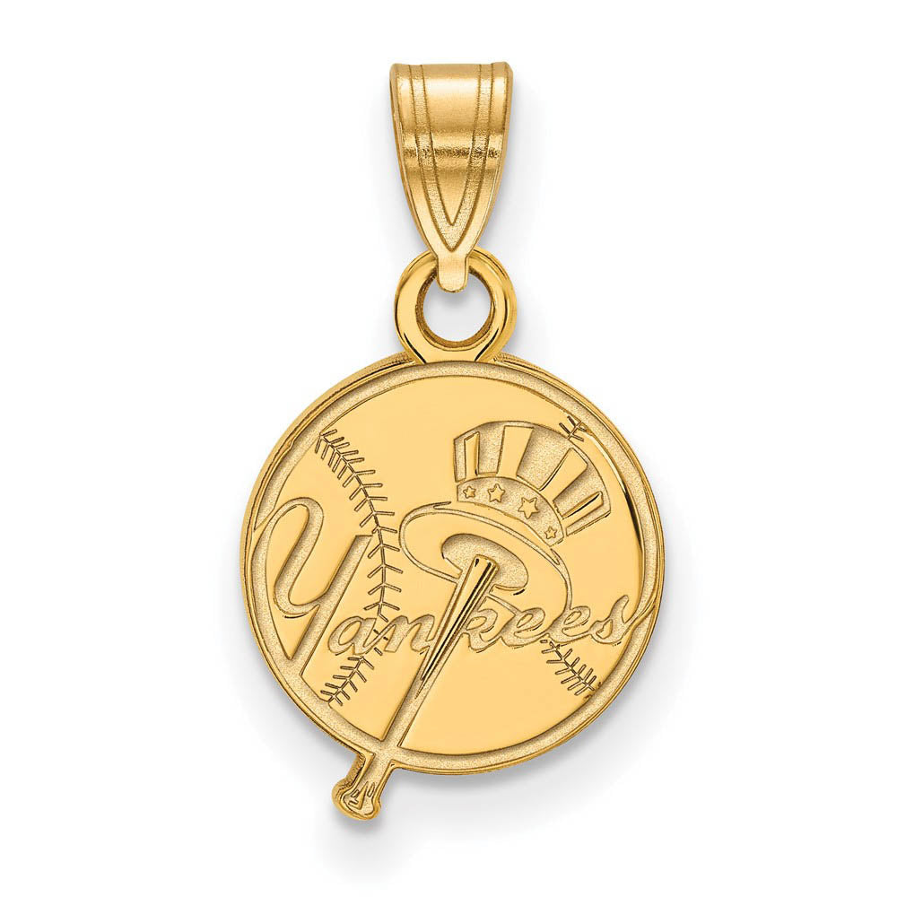 14K Gold Plated Silver MLB New York Yankees SM Top Hat Script Pendant, Item P32587 by The Black Bow Jewelry Co.