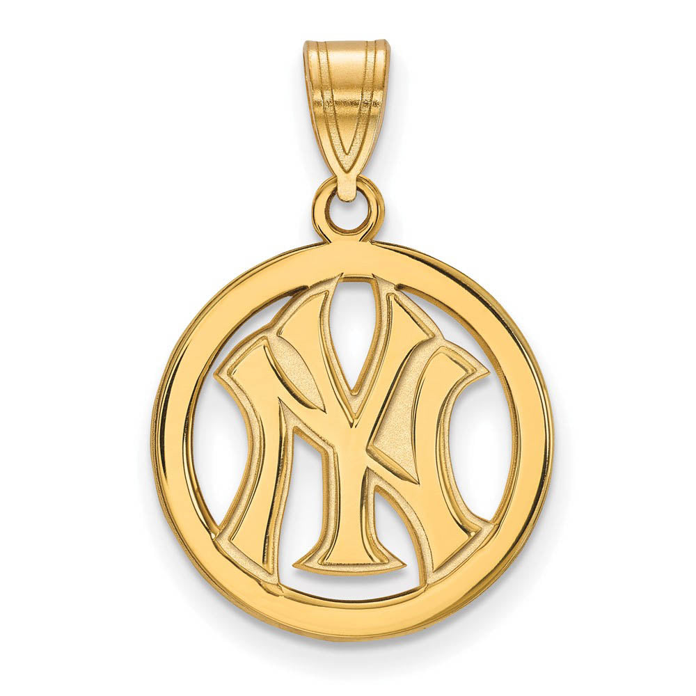 14K Gold Plated Silver MLB New York Yankees Small Circle Pendant, Item P32599 by The Black Bow Jewelry Co.