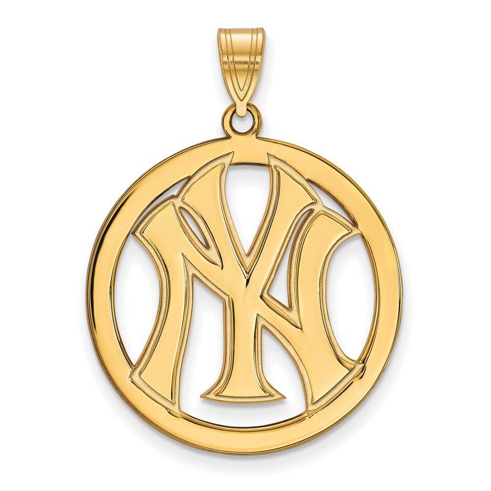 14K Gold Plated Silver MLB New York Yankees Large Circle Pendant, Item P32600 by The Black Bow Jewelry Co.