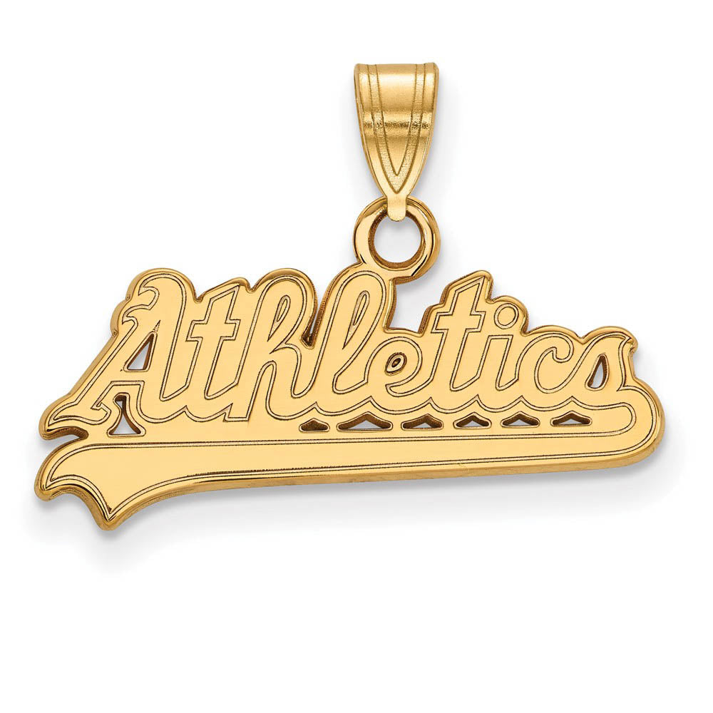 14K Gold Plated Silver MLB Oakland Athletics Small Script Pendant, Item P32664 by The Black Bow Jewelry Co.
