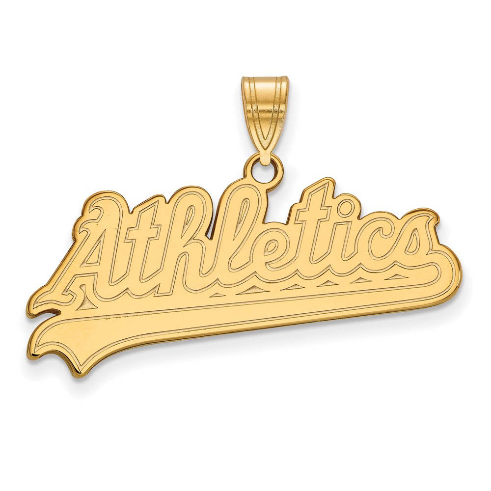 14K Gold Plated Silver MLB Oakland Athletics Large Script Pendant, Item P32665 by The Black Bow Jewelry Co.