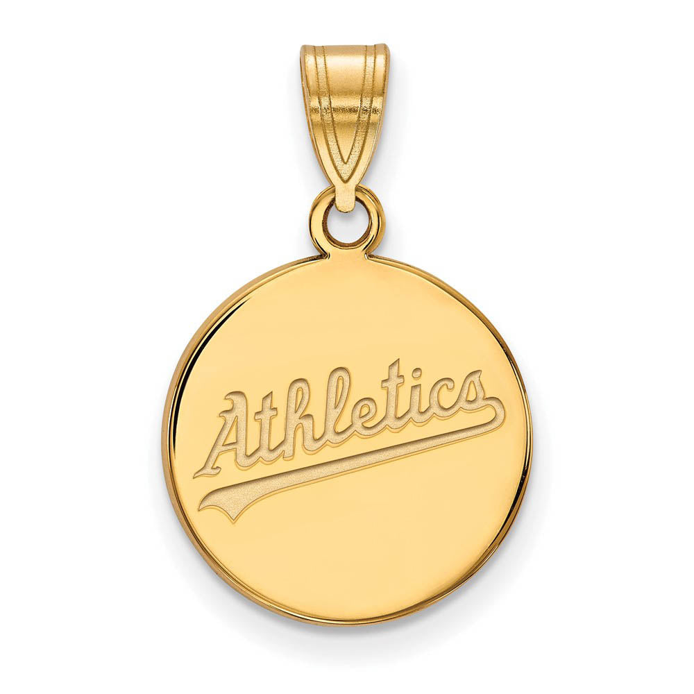 14K Gold Plated Silver MLB Oakland Athletics MD Script Disc Pendant, Item P32666 by The Black Bow Jewelry Co.