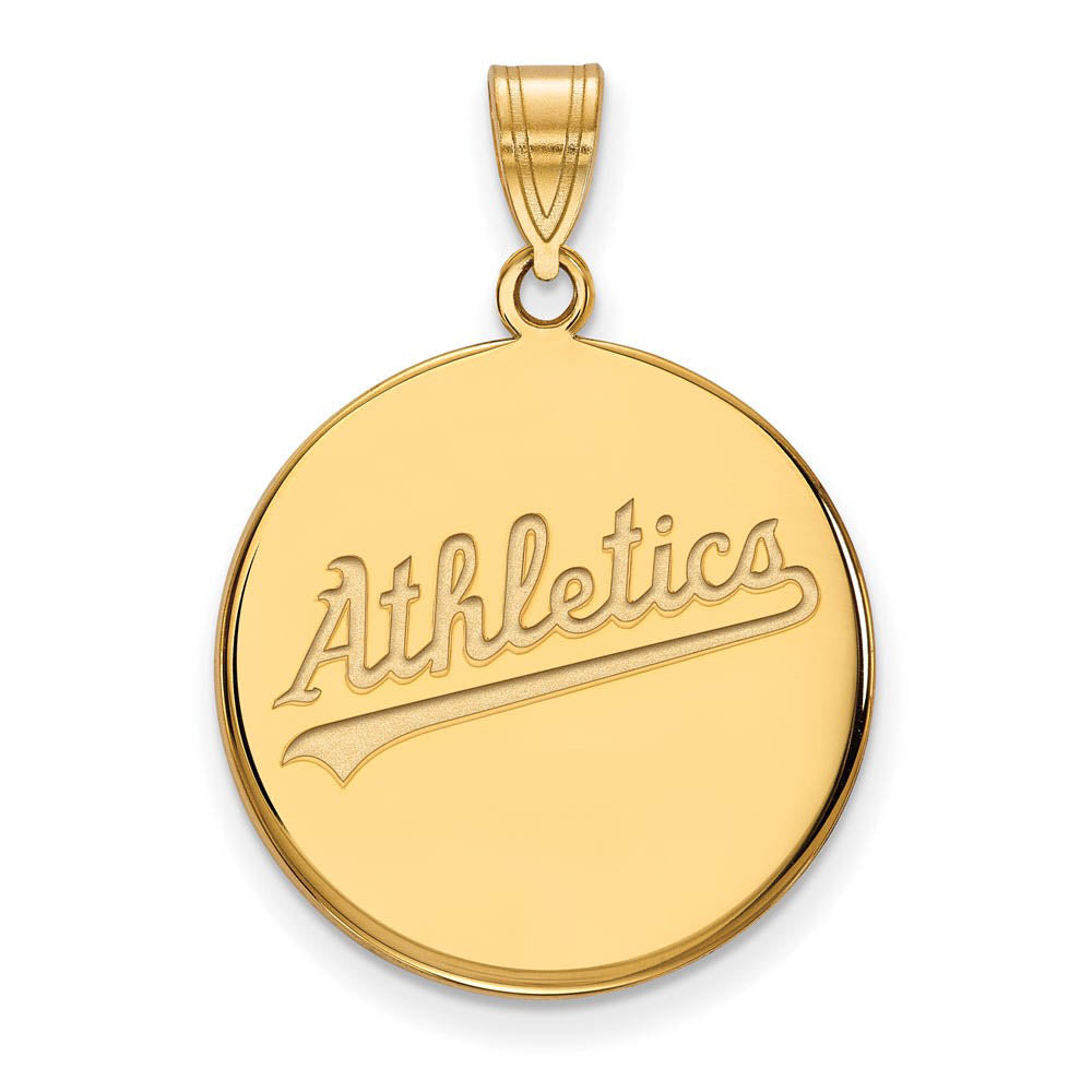 14K Gold Plated Silver MLB Oakland Athletics Large Script Disc Pendant, Item P32667 by The Black Bow Jewelry Co.