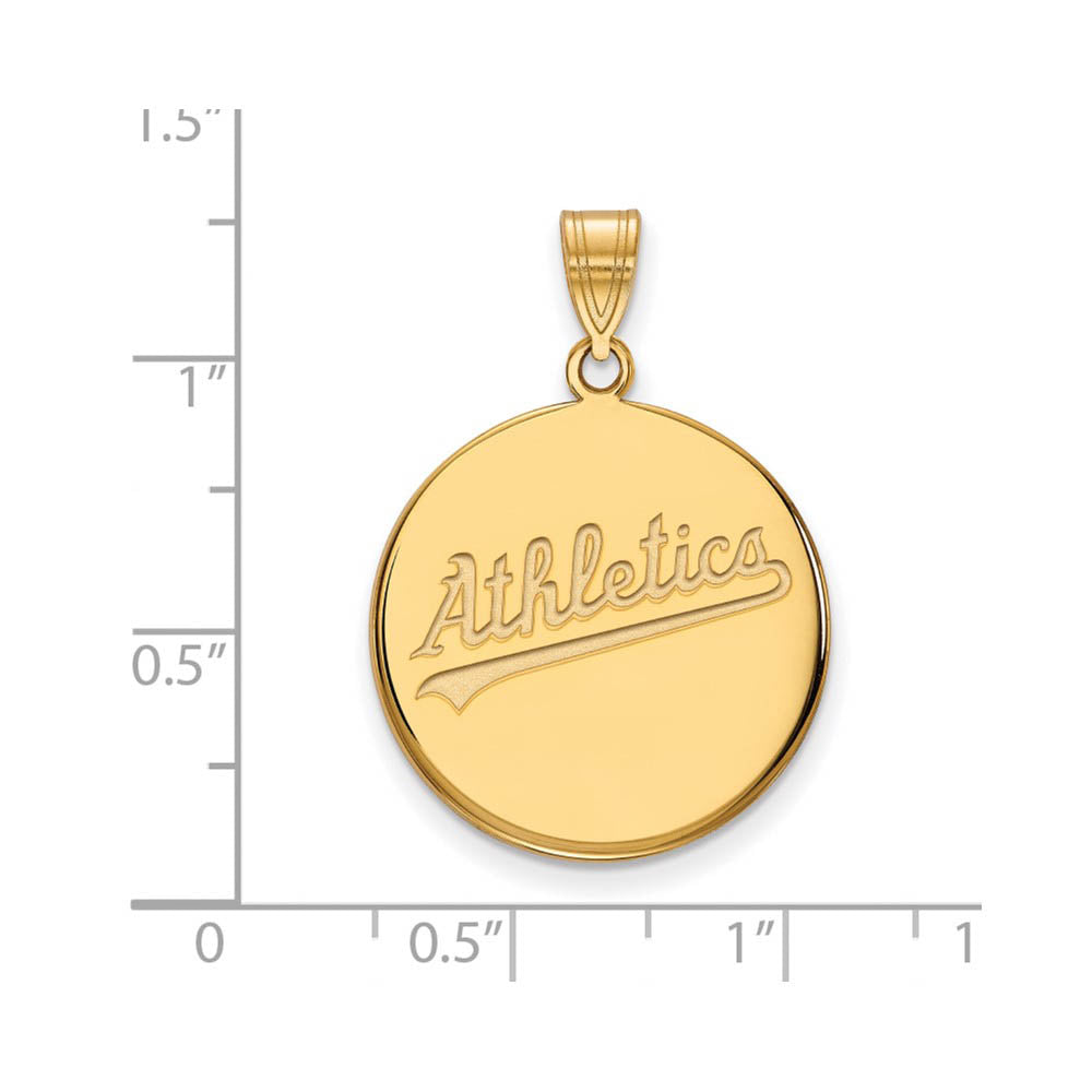 Alternate view of the 14K Gold Plated Silver MLB Oakland Athletics Large Script Disc Pendant by The Black Bow Jewelry Co.