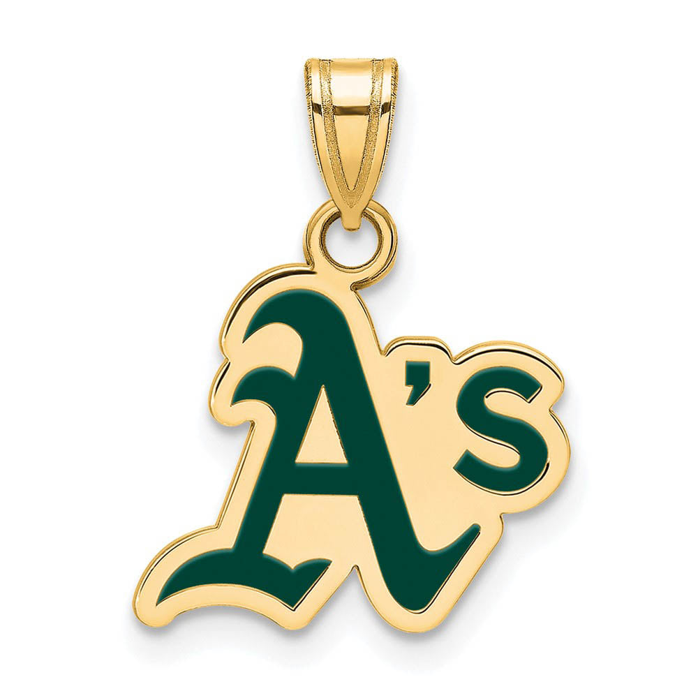 14K Gold Plated Silver MLB Oakland Athletics SM Enamel Logo Pendant, Item P32668 by The Black Bow Jewelry Co.