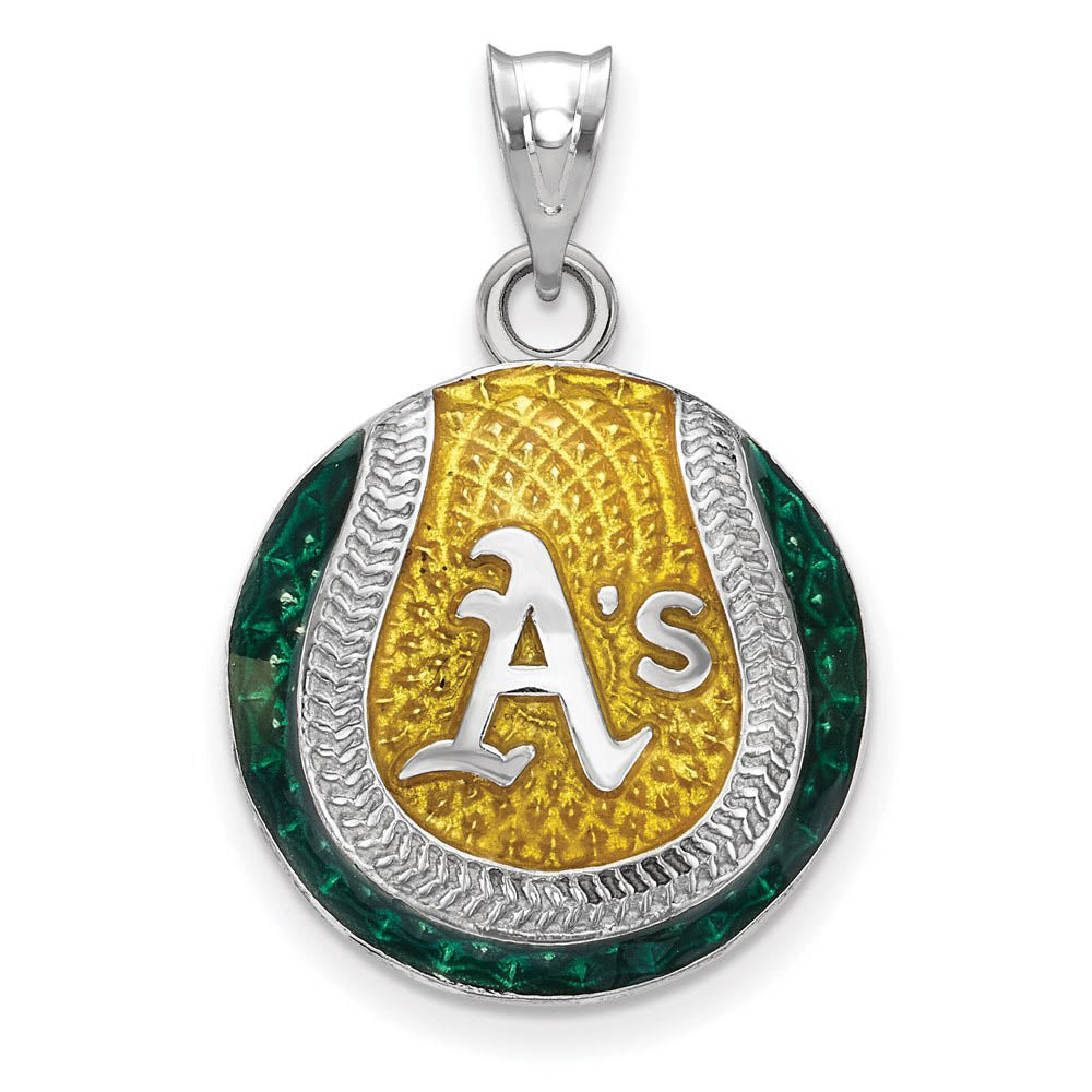 Sterling Silver MLB Oakland Athletics LG Enamel Baseball Pendant, Item P32678 by The Black Bow Jewelry Co.