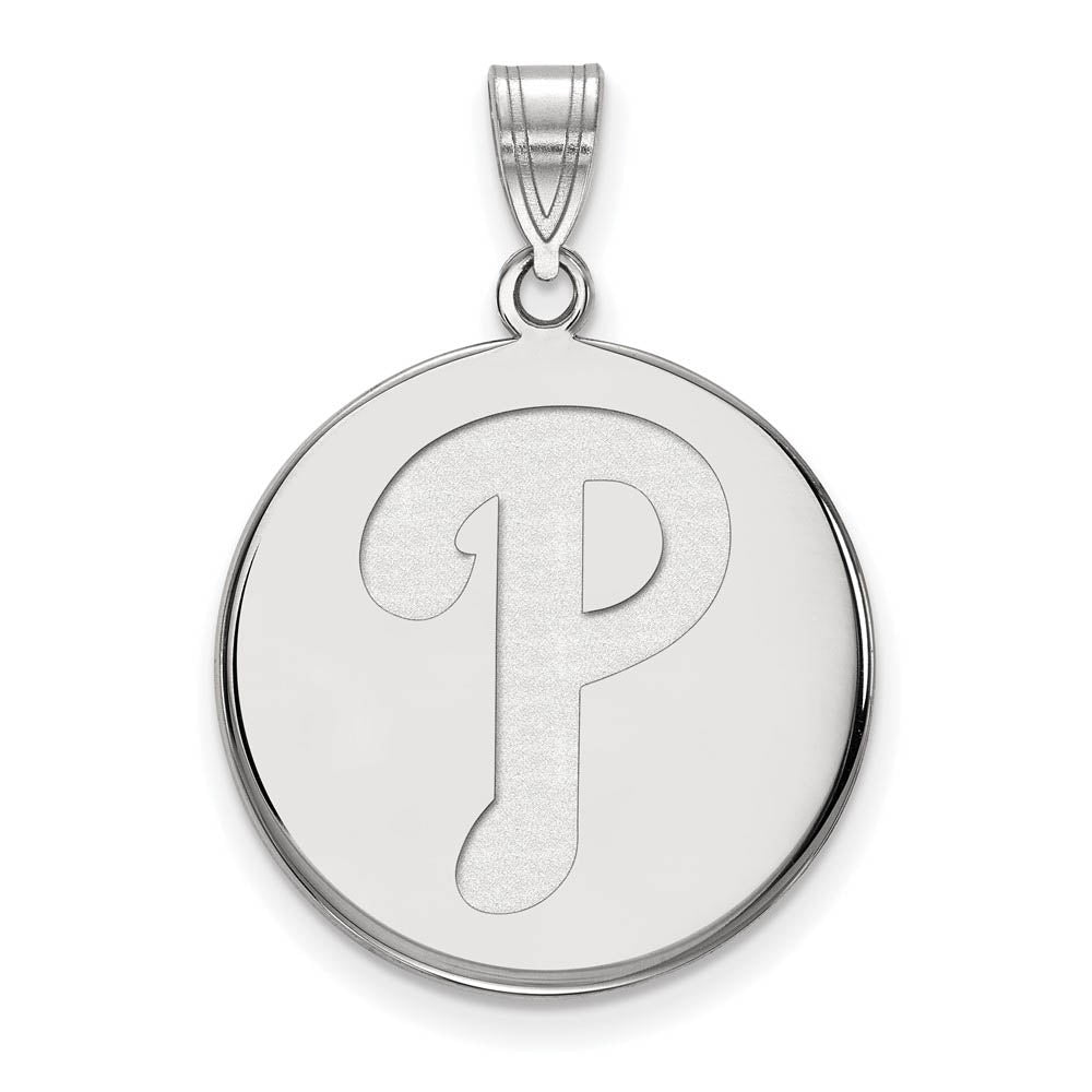 10K White Gold MLB Philadelphia Phillies Large Letter P Disc Pendant, Item P32689 by The Black Bow Jewelry Co.
