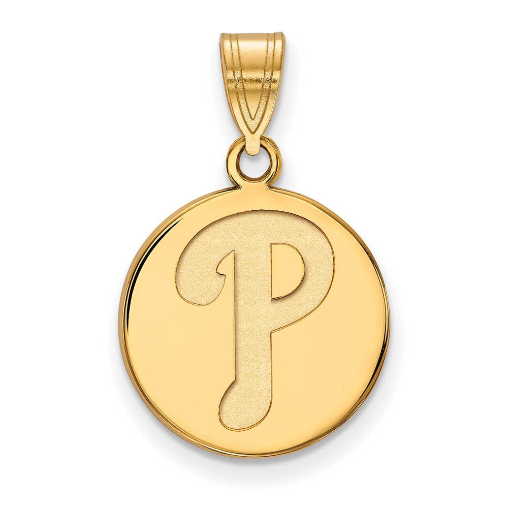 10K Yellow Gold MLB Philadelphia Phillies Medium Letter P Disc Pendant, Item P32696 by The Black Bow Jewelry Co.
