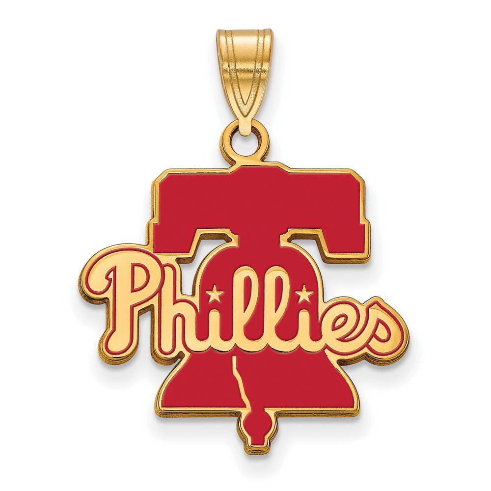 14K Gold Plated Silver MLB Philadelphia Phillies LG Enaml Bell Pendant, Item P32718 by The Black Bow Jewelry Co.