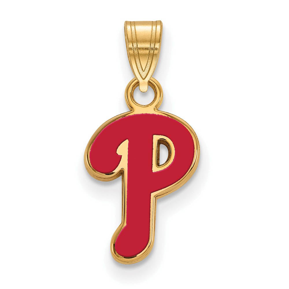 14K Gold Plated Silver MLB Philadelphia Phillies SM Enamel P Pendant, Item P32721 by The Black Bow Jewelry Co.