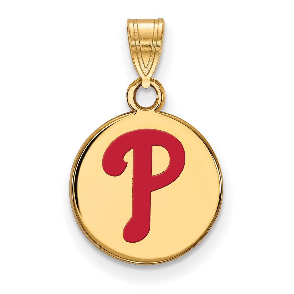 14K Gold Plated Silver MLB Philadelphia Phillies SM Enaml Disc Pendant, Item P32723 by The Black Bow Jewelry Co.