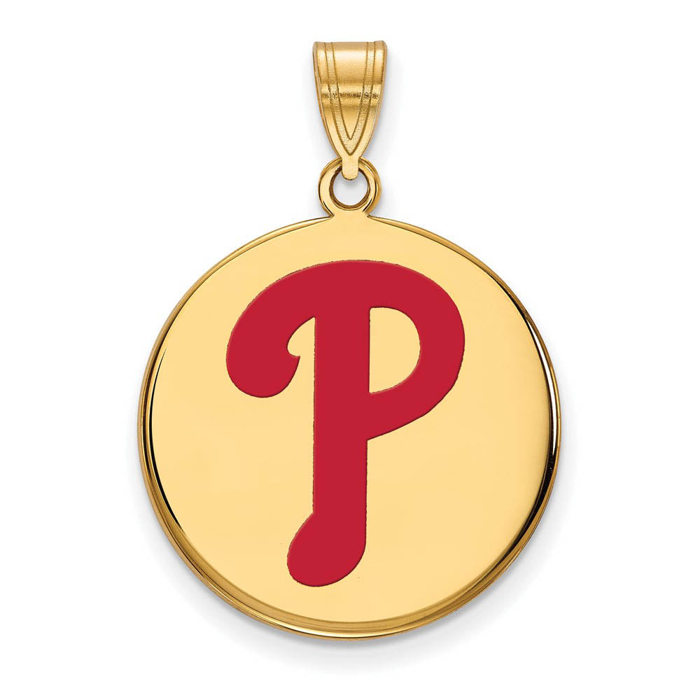 14K Gold Plated Silver MLB Philadelphia Phillies LG Enaml Disc Pendant, Item P32727 by The Black Bow Jewelry Co.