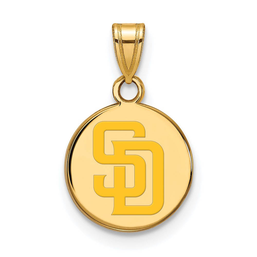 14K Gold Plated Silver MLB San Diego Padres SM Enamel Disc Pendant, Item P32885 by The Black Bow Jewelry Co.