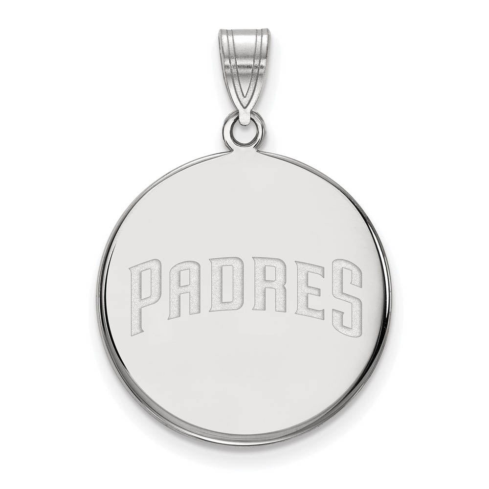 Sterling Silver MLB San Diego Padres LG Script Disc Pendant, Item P32909 by The Black Bow Jewelry Co.